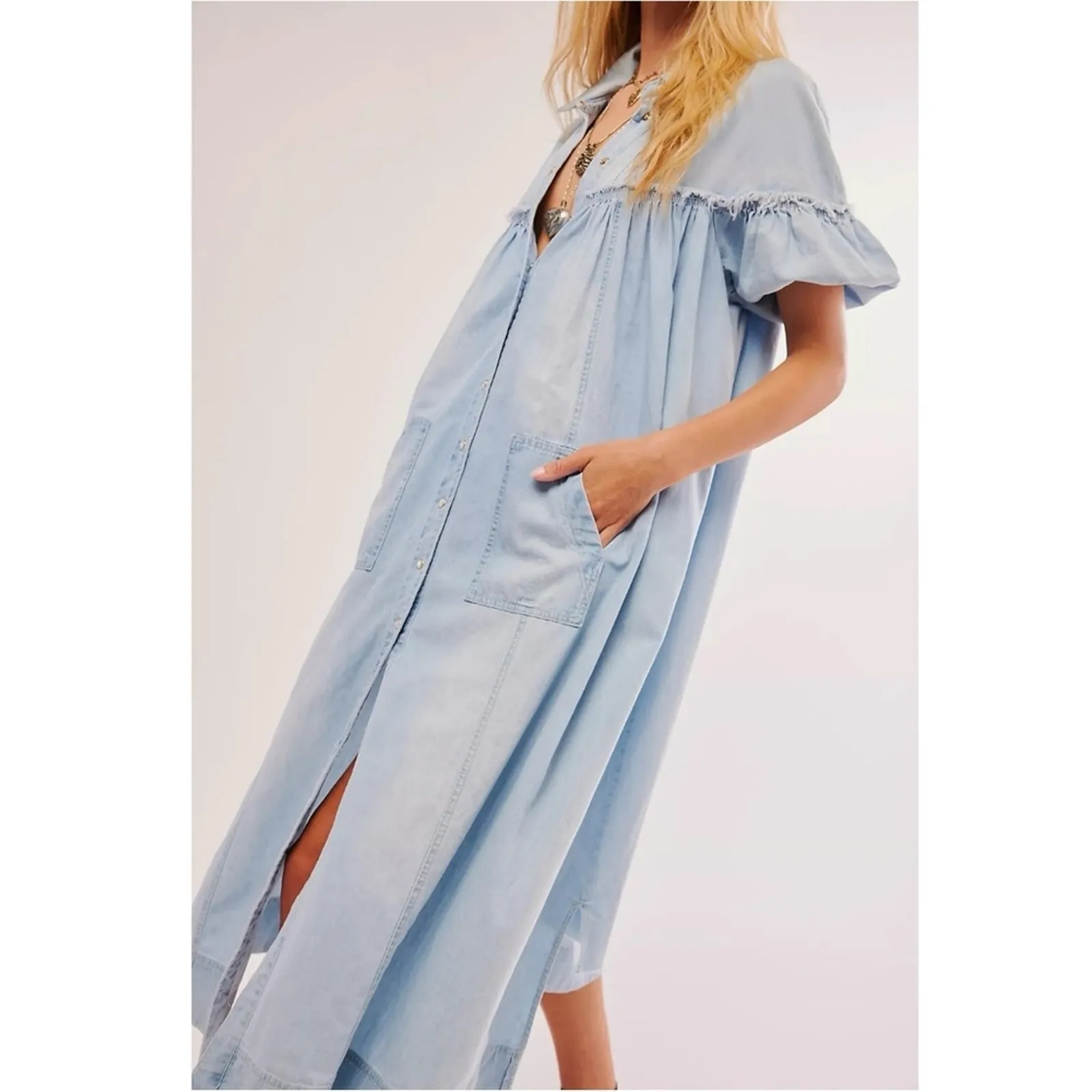 Free People Western Bohemian Prairie On The Road Denim Maxi Dress Size Medium - Image 5