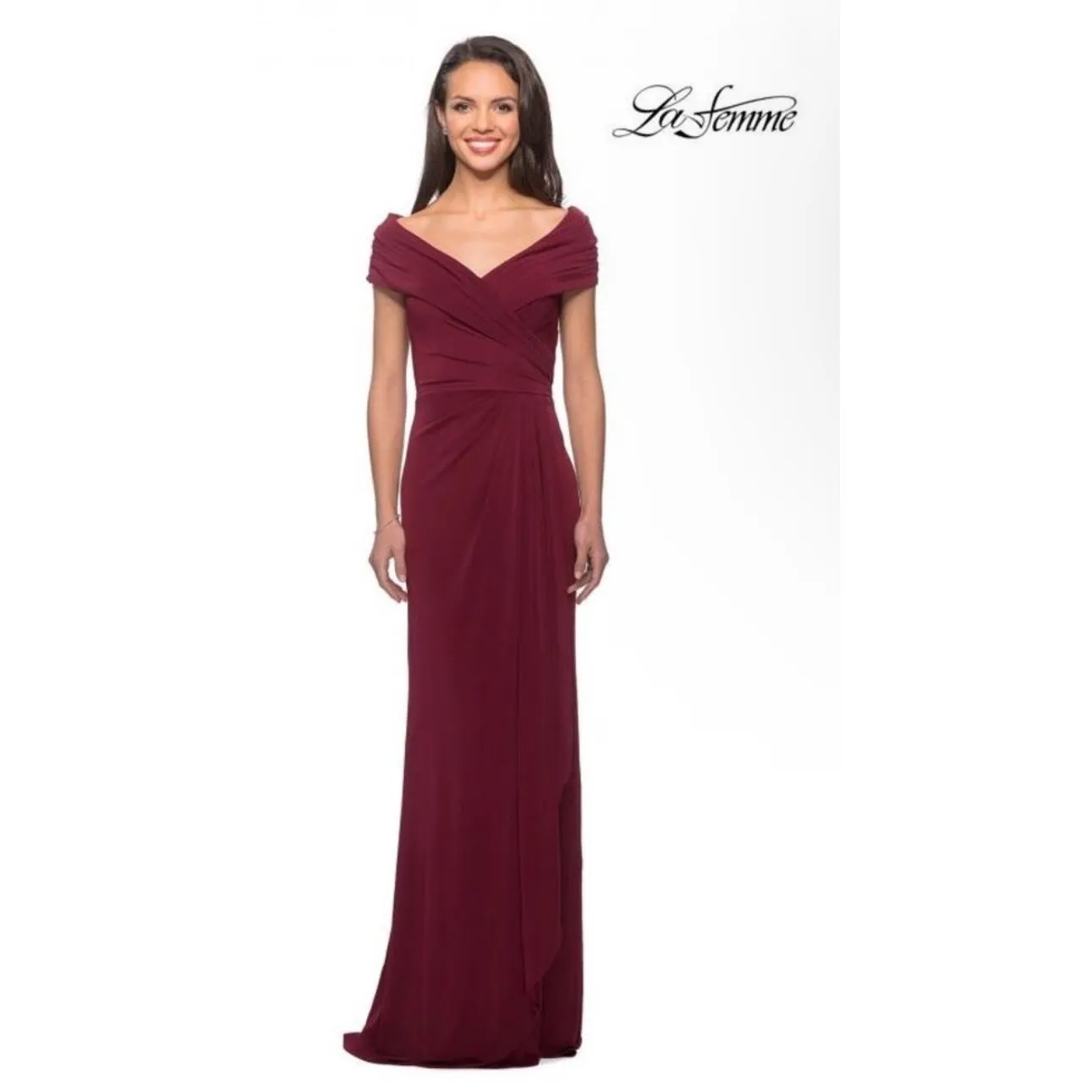 NWT La Femme‎ Ruched Jersey Long Gown with V-Neckline in Wine Sz 12 $389 - Image 3