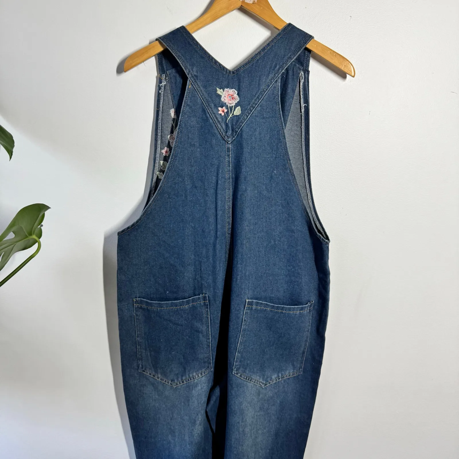 Women Denim Overalls Cottagecore Boho Barrel XL Floral Embroidery Relaxed Fit Blue - Image 4