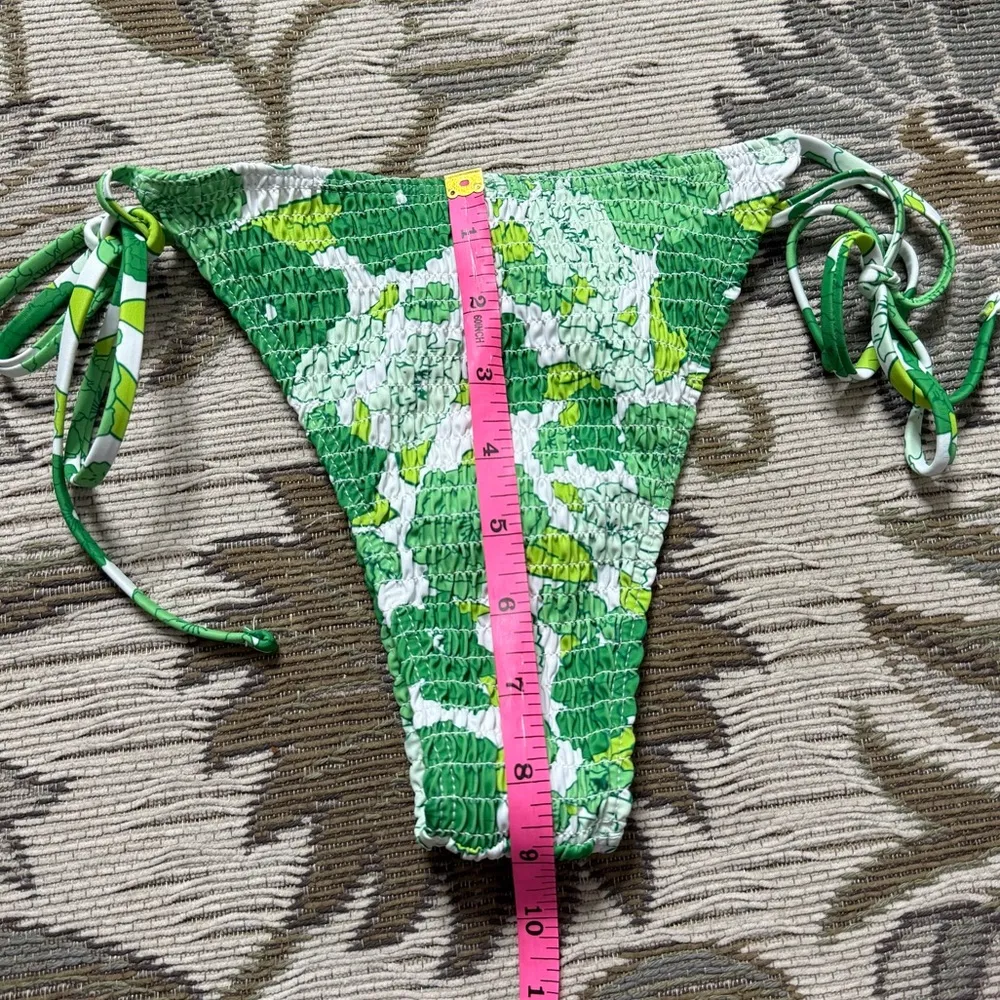 Floral Bikini Swimsuit 2pc Green String Smocked L Large - Image 4