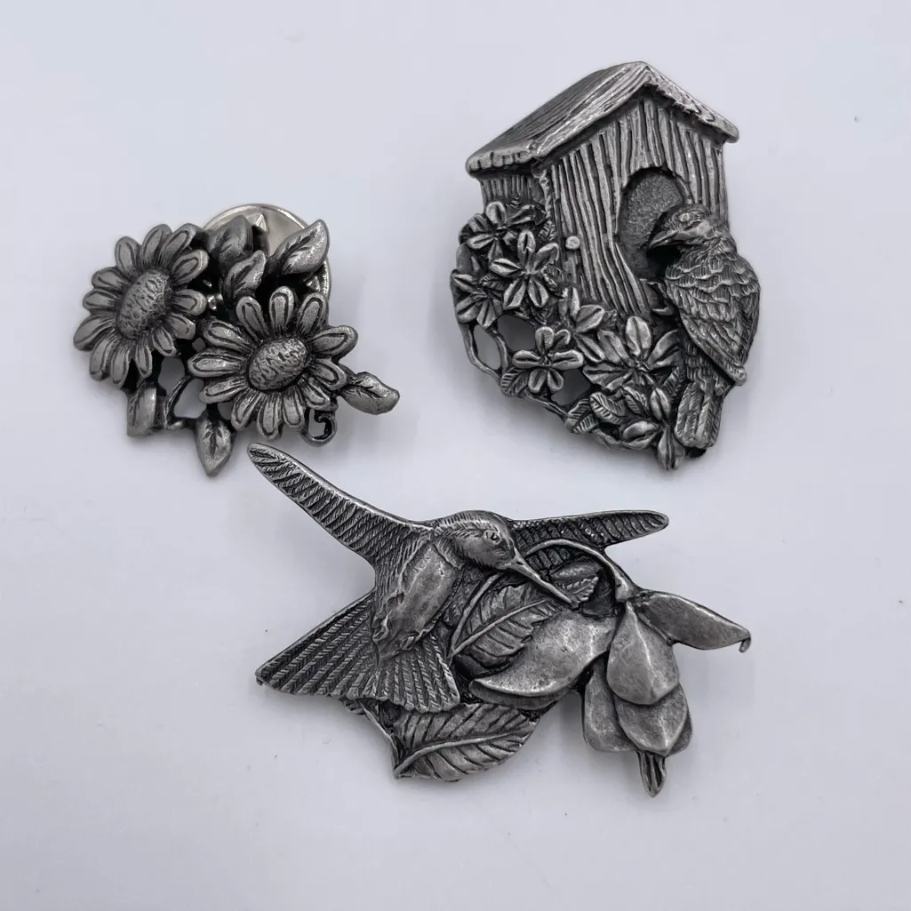 Birds and Blooms Set of 3 Pewter Pins Brooches Hummingbird Birdhouse Flowers Gray - Image 2