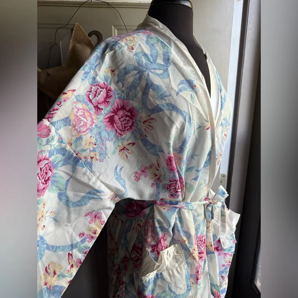 Vintage Appel pastel floral striped satin trim kimono robe, one size Blue Size XL - Image 8