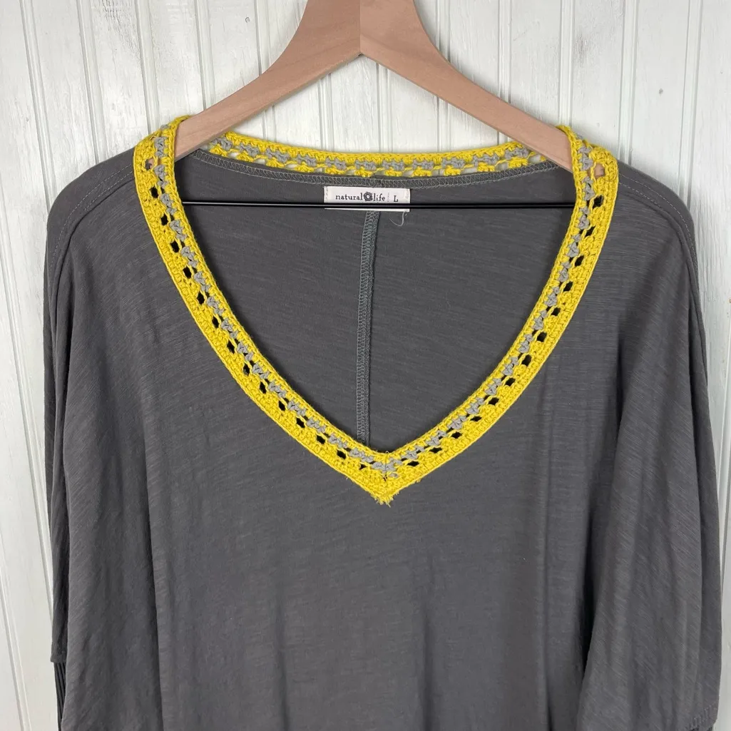 Natural Life Oversized Crochet Knit Tunic Size Large Grey Yellow Bohemian Hippie - Image 4