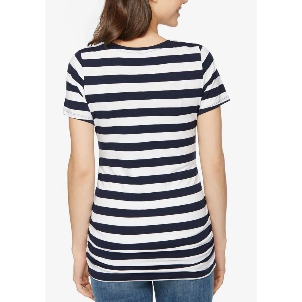A Pea in the Pod Maternity Striped V-Neck Ruched Sides Tee Sz S White Blue - Image 2