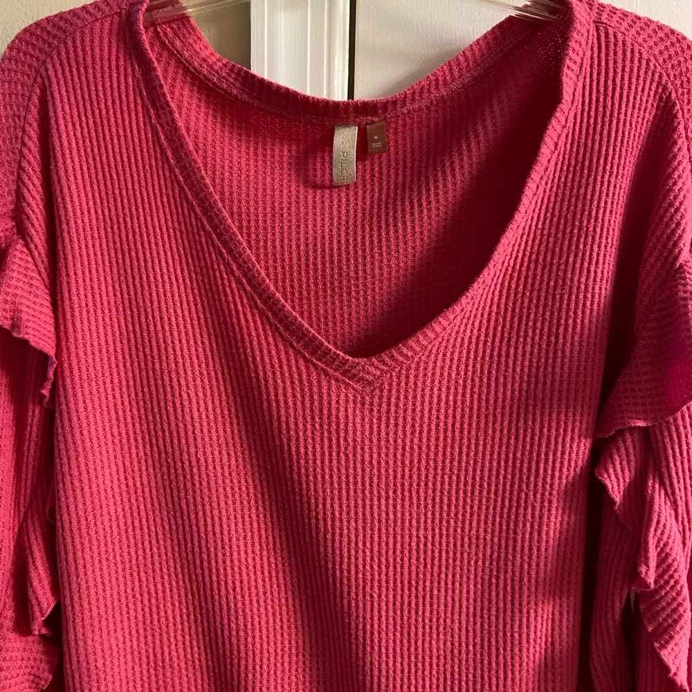 Pilcro v neck waffle knit ruffled raspberry pink top slouchy Medium - Image 6