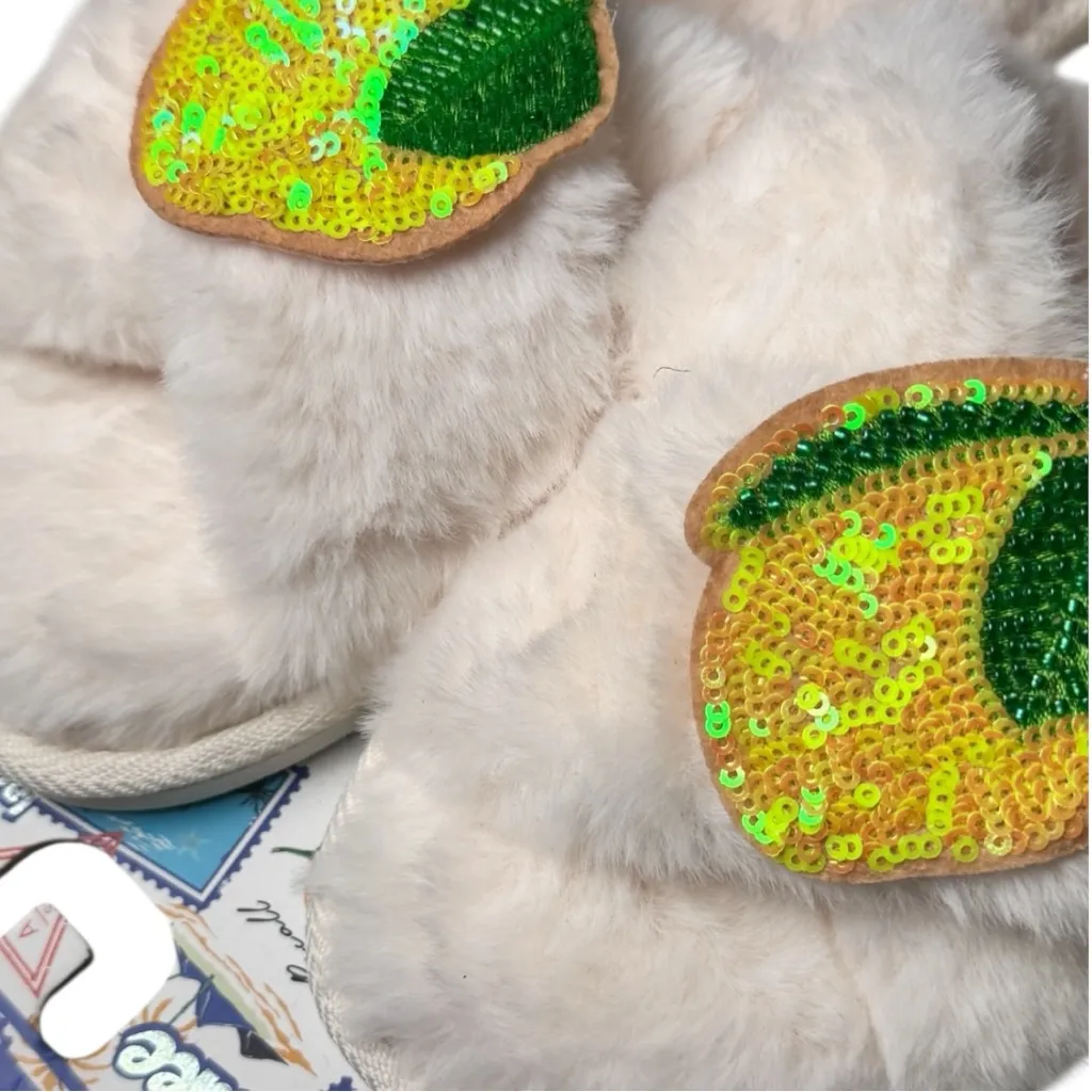 Moon Cake Women's White Fuzzy Slippers with Lemon Patch Size undefined - Image 7
