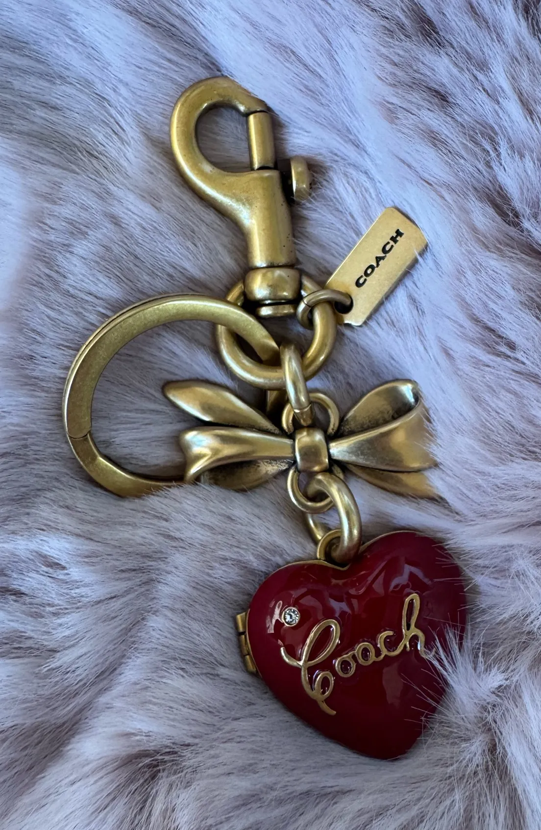 Coach Bow Heart Locket Bag Charm Keychain Key Fob CZ276 Brass / Ruby Red - Image 2
