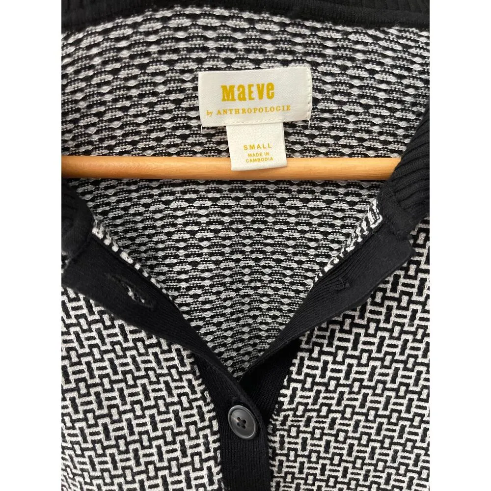 Anthropologie Maeve Preppy Black/White Cropped Plunging Polo Cardigan Size Small - Image 10