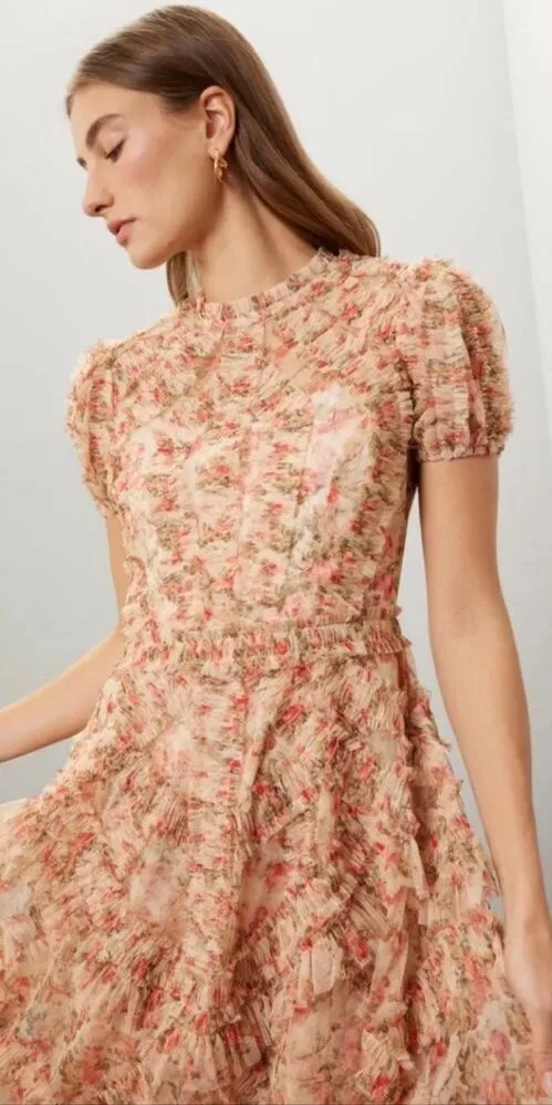 NWT MAC DUGGAL 8060 Ruffle Tiered Short Sleeve A Line Dress Beige 2 - Image 1