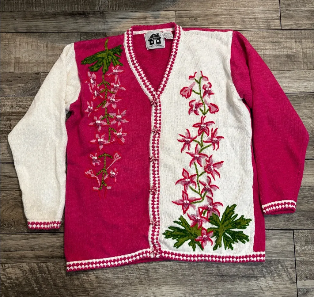 Storybook Knits Floral Snapdragon Embroidered Cardigan Size M Pink Size M - Image 1