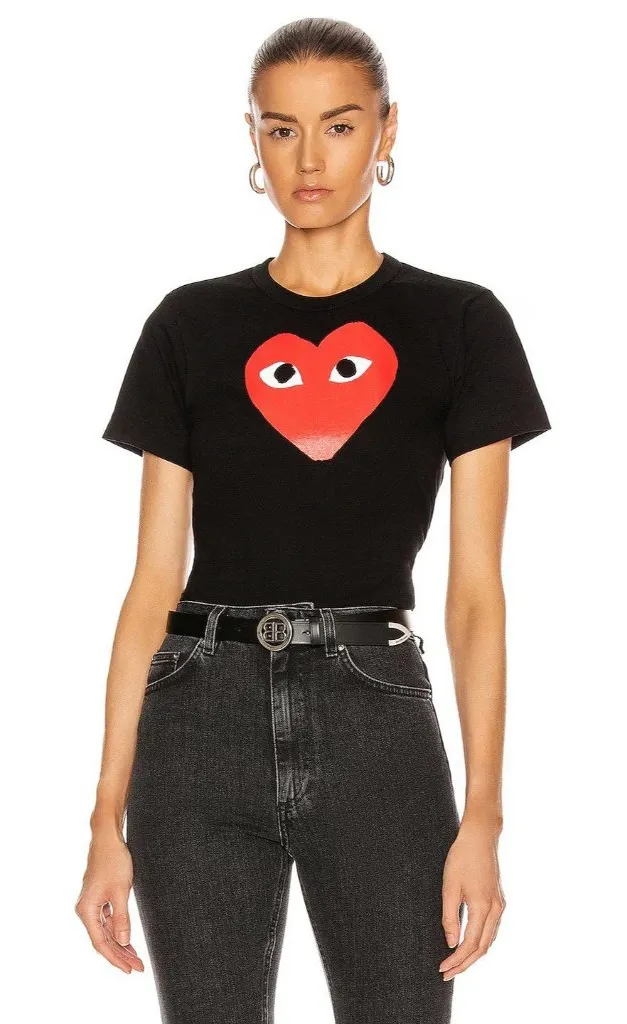 COMME DES GARCONS PLAY Womens Cotton Tee With Red Emblem in Black XSmall - Image 1