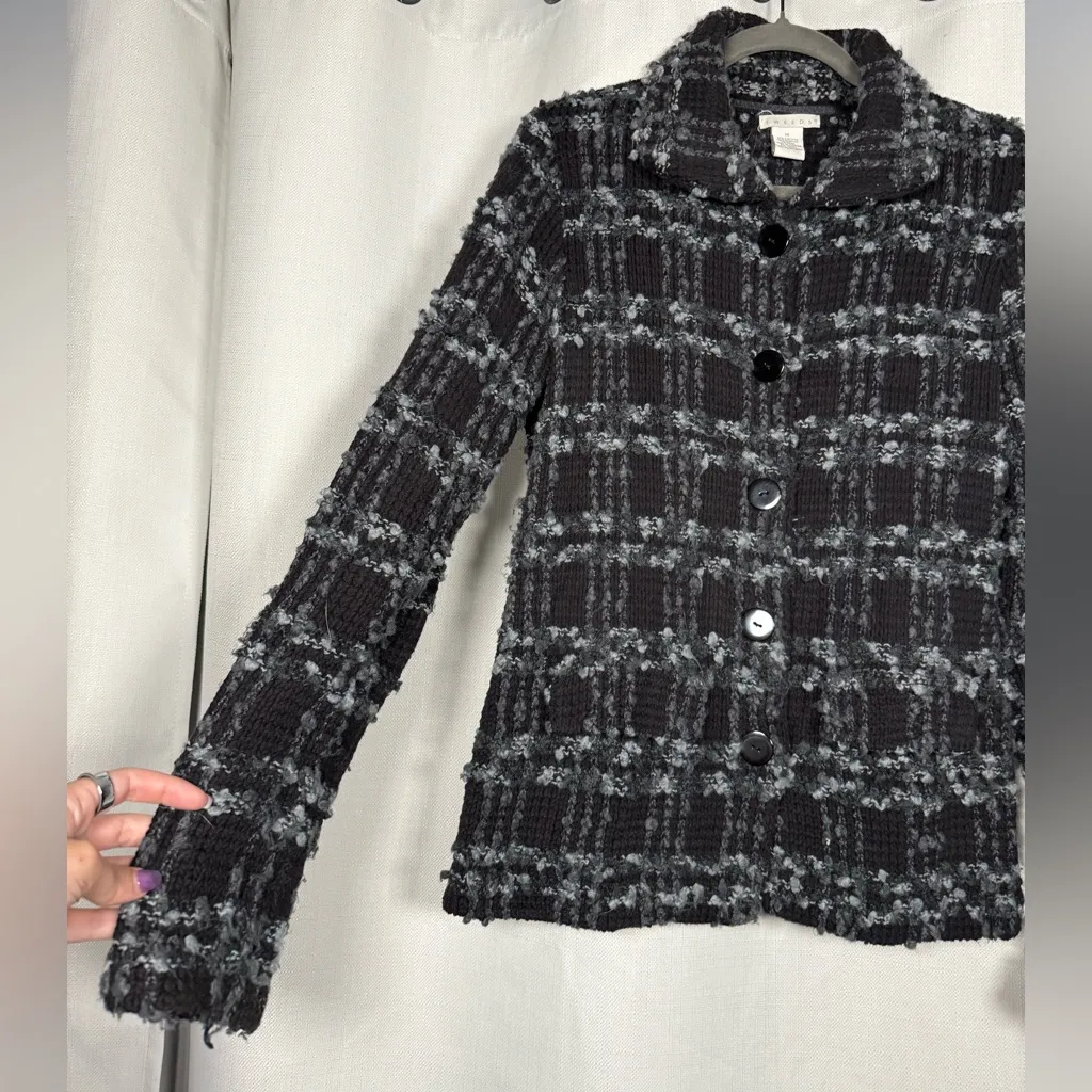 Tweeds Black and Grey Checker Plaid Knit Textured Blazer Jacket Medium - Image 4