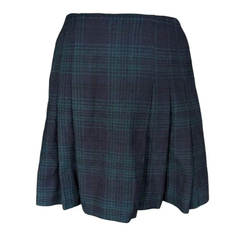 Vintage Limited 100% Wool Pleated Tartan Plaid Mini Skirt Y2K Navy Green - Image 4