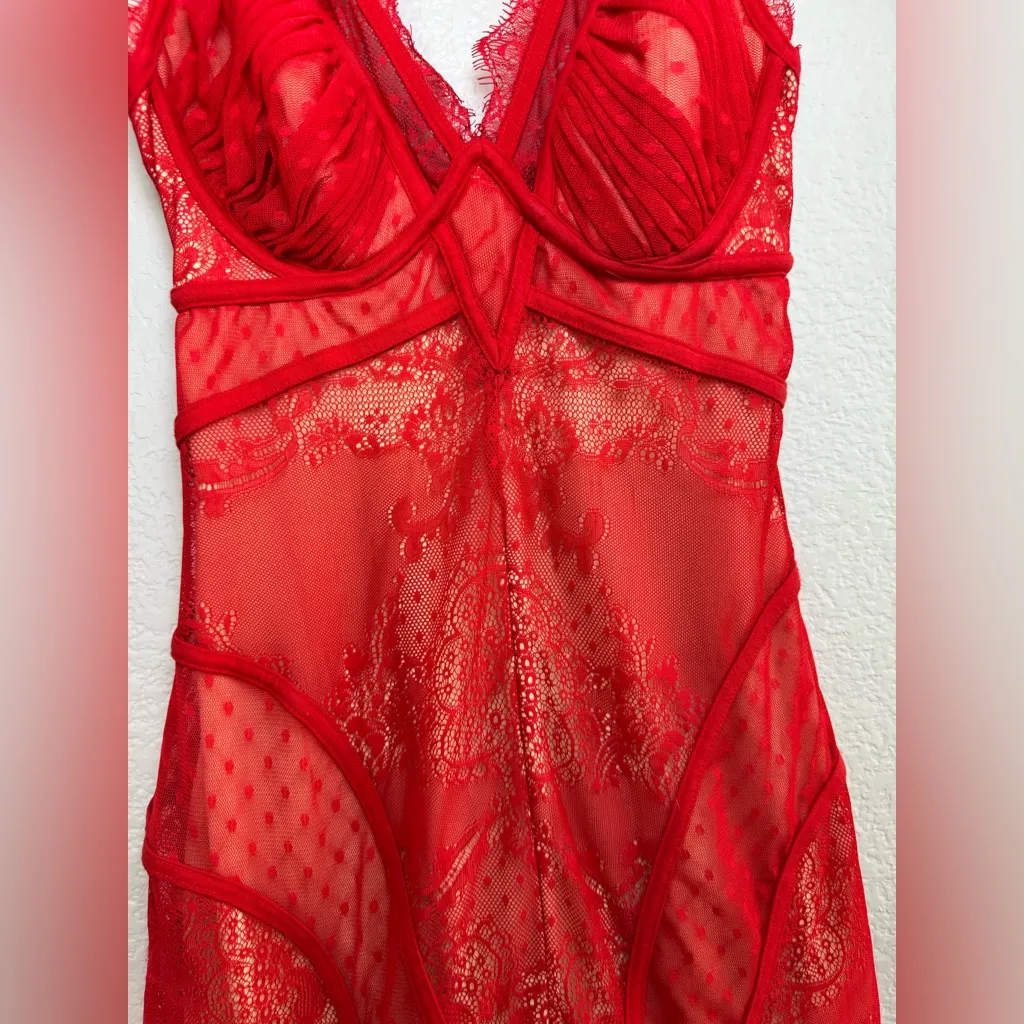 Bebe Y2K Red Nude Lace Overlay Plunging V Neck Bodycon Mini Dress size XS - Image 9