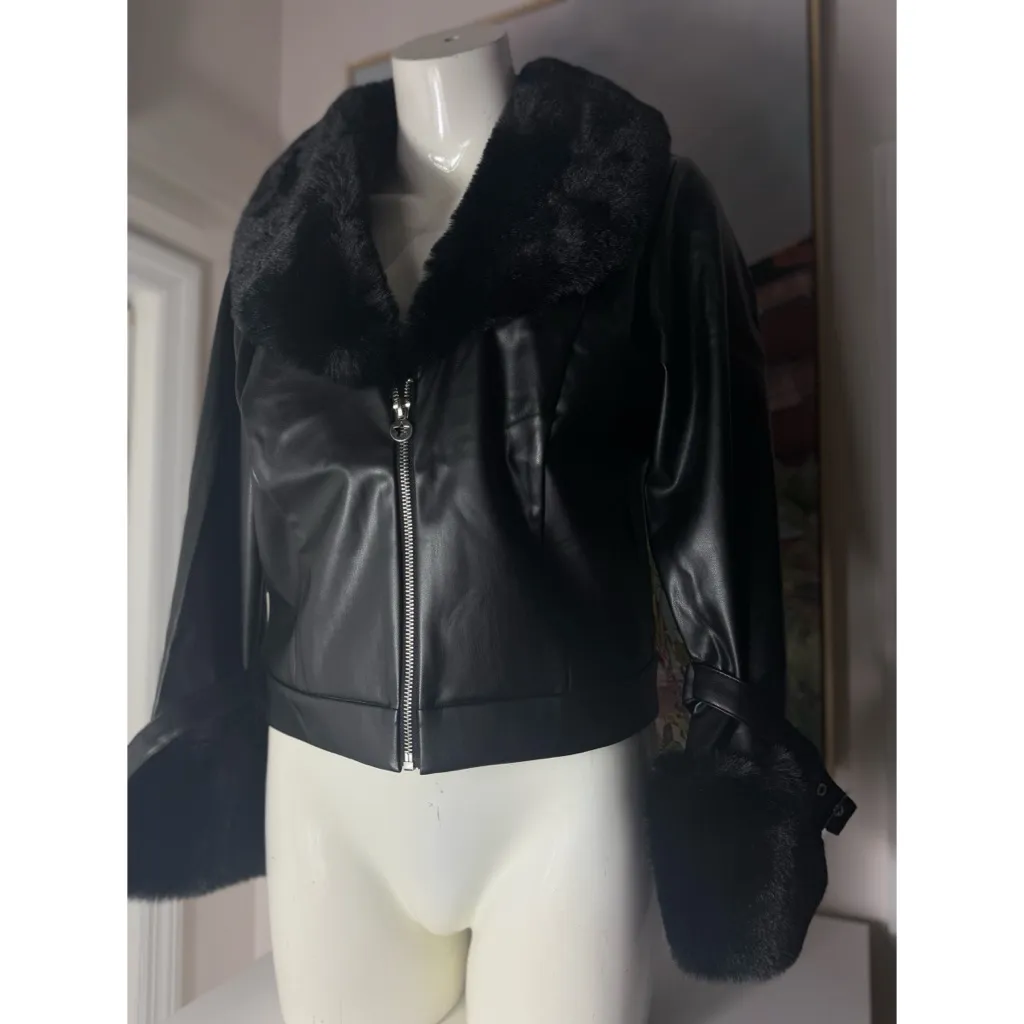 Savage Love Black Faux Leather Jacket Faux Fur Shawl Collar Zip Up XL - Image 7