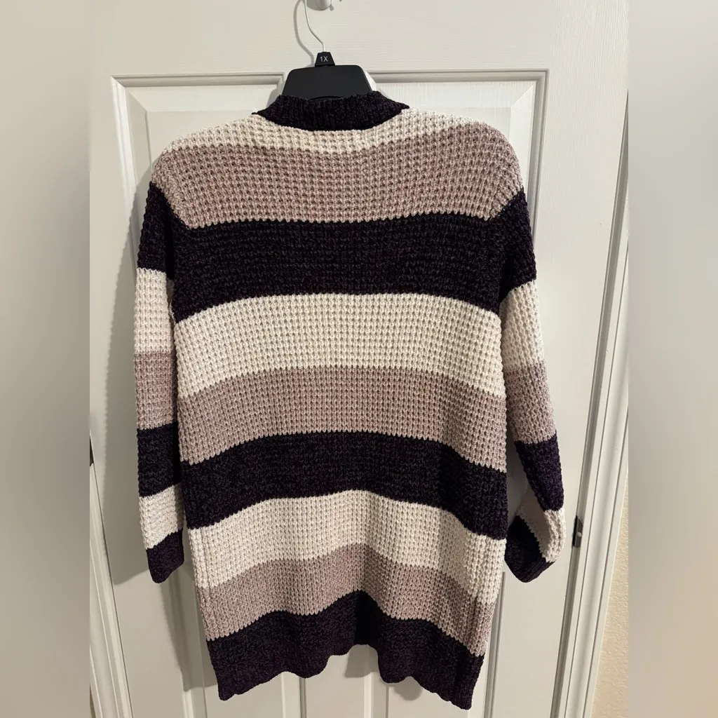 Poppy & Whimsy New Open Cardigan Plush Knit Stretch Purple Tan White Stripe 1X - Image 7
