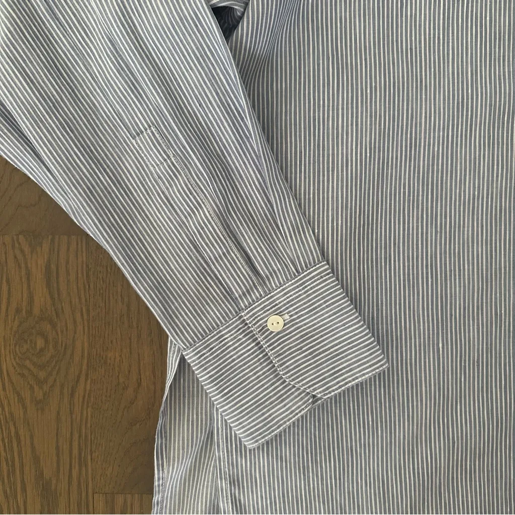 Vince Linen Blend Split Back Boxy Pinstripe Button Down Shirt Blue and White M - Image 7
