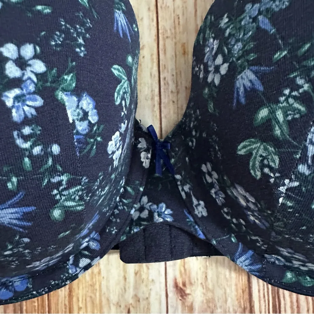 Cacique Blue Ditsy Floral Striped Trim Cotton Lightly Lined T-Shirt Bra 38DD - Image 6