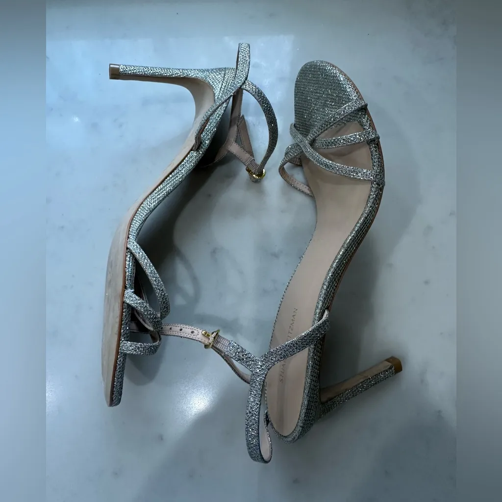 Stuart Weitzman Starla Metallic Sandals Silver Strappy Heels Size 11 NWT - Image 9