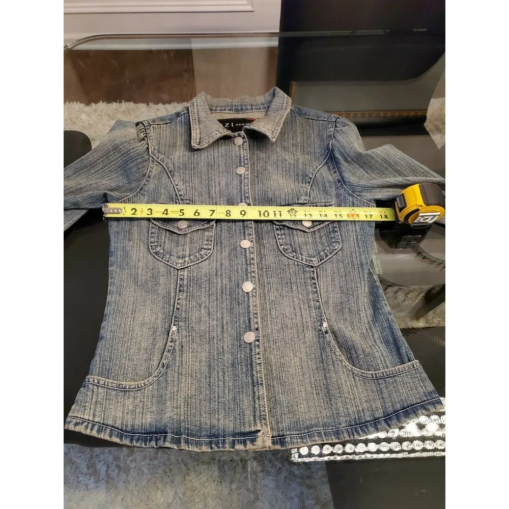 PZI Denim Women Blue Cotton Long Sleeve Buttons Front Jeans Jacket Blazer Size M Size M - Image 11
