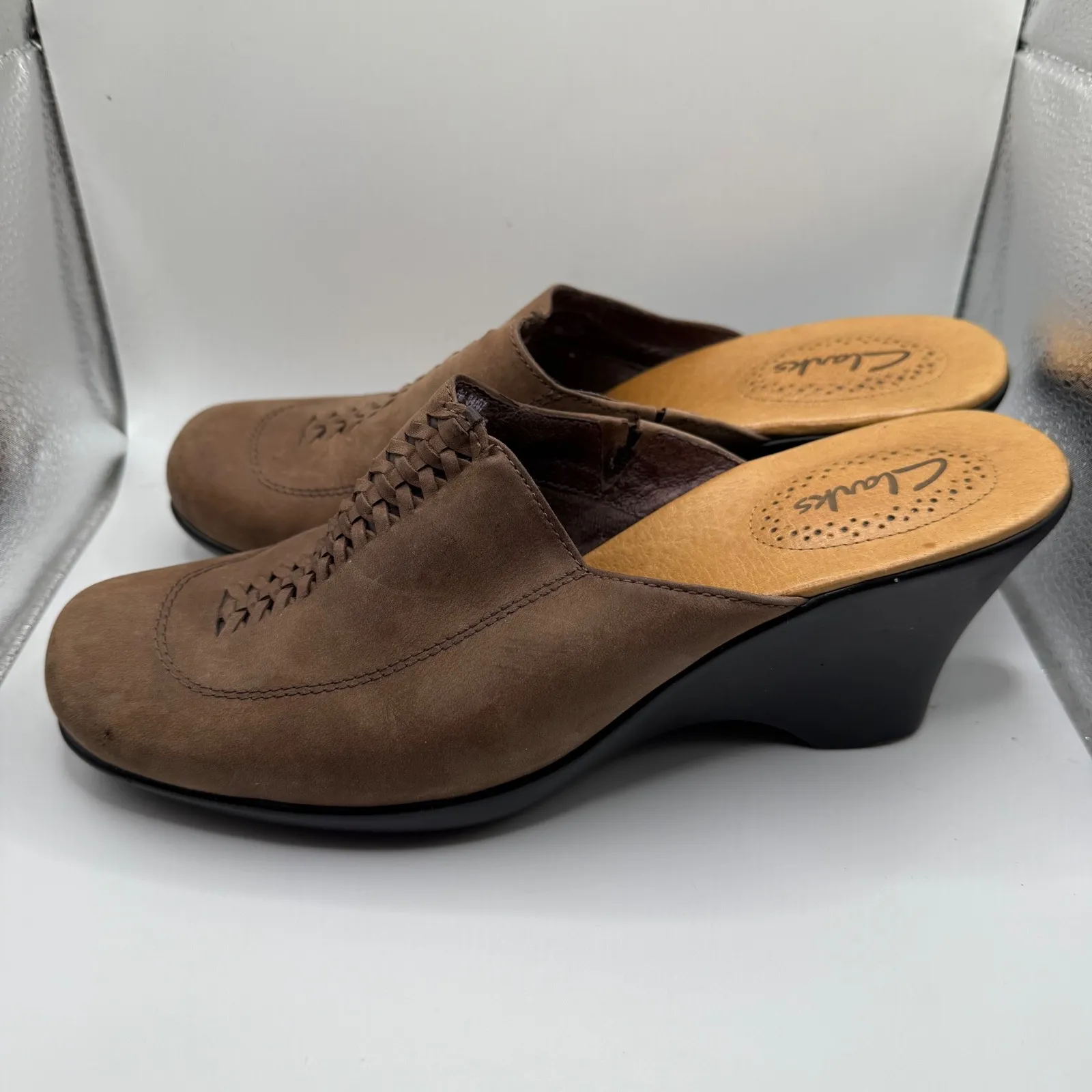 Clarks Mules Clogs Wedge Heel‎ Leather Brown Casual Shoes Size 7.5M - Image 3