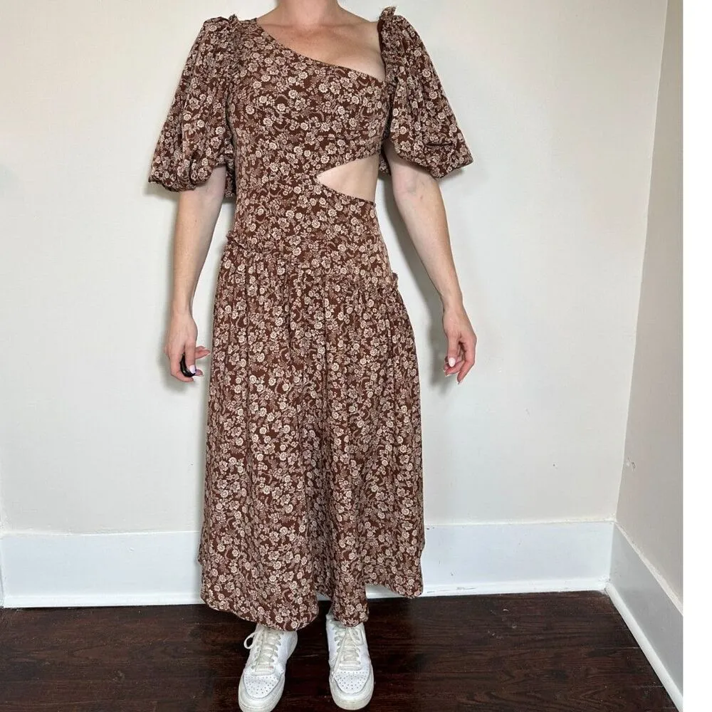 Sofie the Label Boho Cut Out Puff Sleeve Midi Dress in Brown Size Small - Image 5