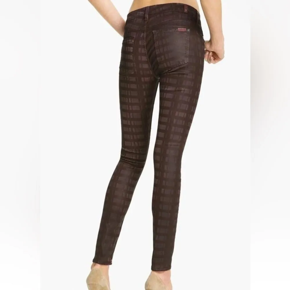 7 For All Mankind 7FAM Burgundy Plaid Laser Wax Coated Skinny Pants Jeans 26 NEW - Image 2