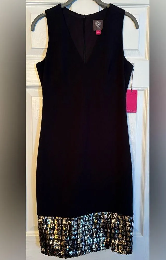 NWT Vince Camuto Elegant BLACK V-Neck Sequin Hem Sheath Dress, Size 2 - Image 2