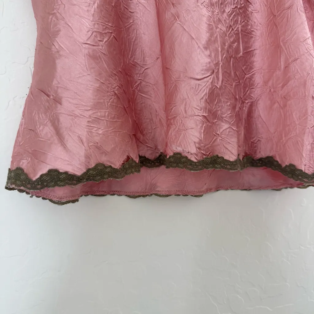 Vintage Y2K Pink Crinkle Satin Brown Lace Trim Cami Tank Top Babydoll Coquette Size M - Image 6