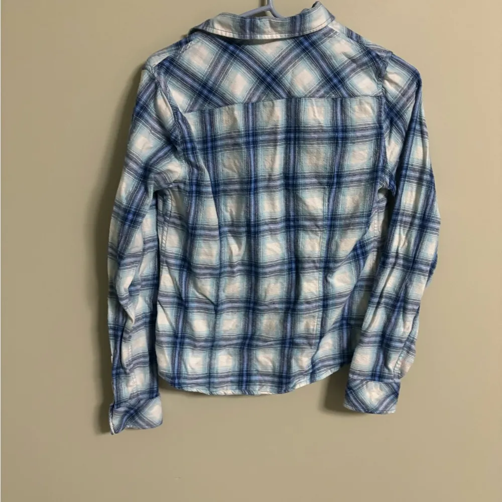 TNA Aritzia Women’s Blue Flannel Shirt Size Large Button Up Pockets Cotton - Image 2