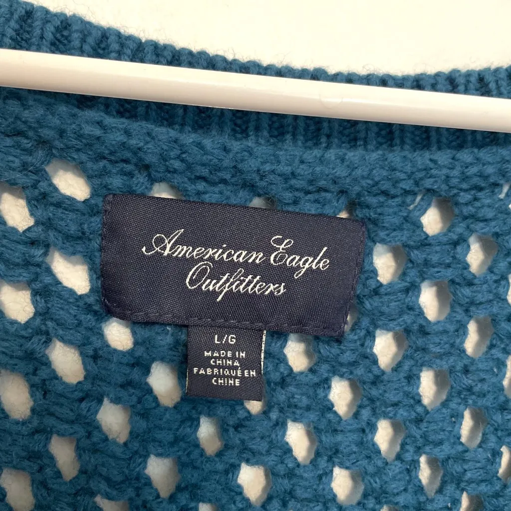 AMERICAN EAGLE AEO AE Teal Blue Open Weave Cable Knit Scoop Neck WOOL Sweater L - Image 4