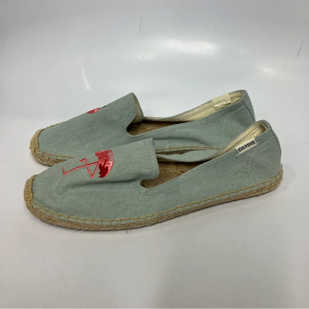 Anthropologie Soludos picnic espadrilles flamingo embroidery‎ blue pink size 7 - Image 6