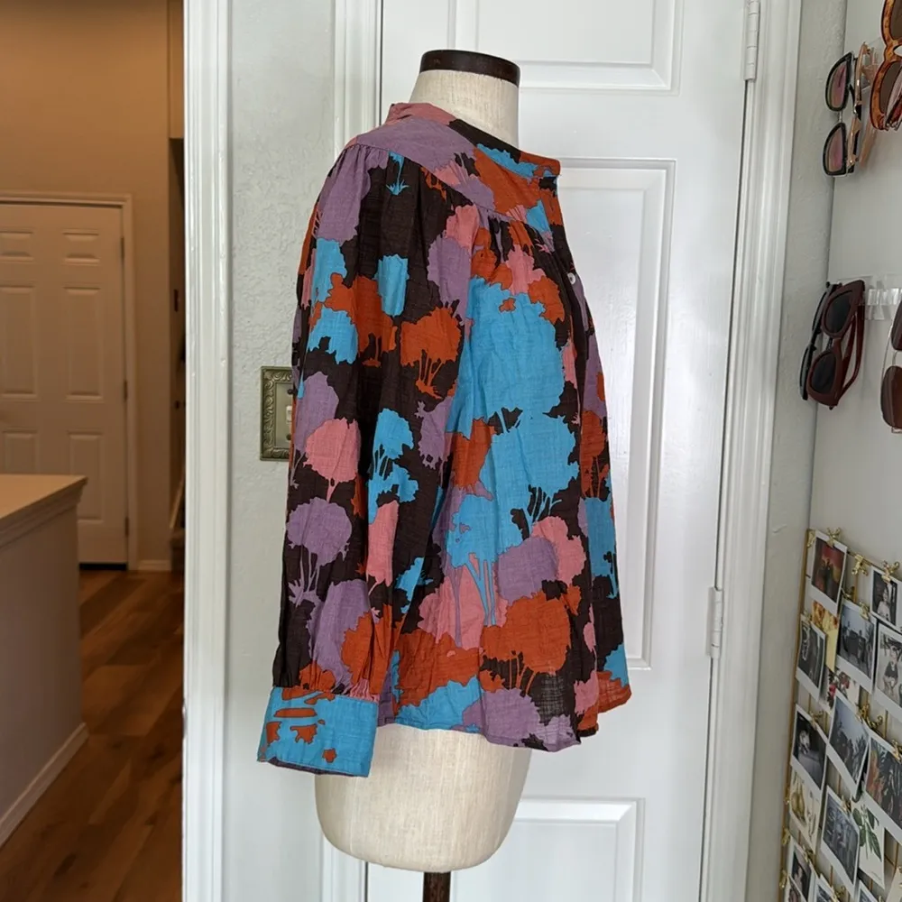 Anthropologie Porridge bright print lightweight cotton button down blouse Brown Size L - Image 10