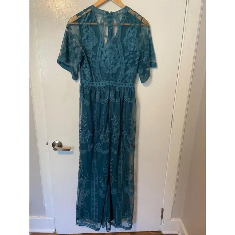 New with Tag Pink Blush Dark Turquoise Lace Mesh Overlay Maxi Dress Sz S (Flaw) - Image 6
