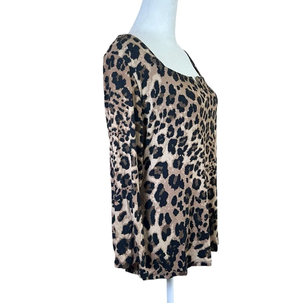 SUNNY LEIGH Womens Stretch Cheetah Print Top 3/4 Sleeve Square Neck Mobwife Sz L - Image 5