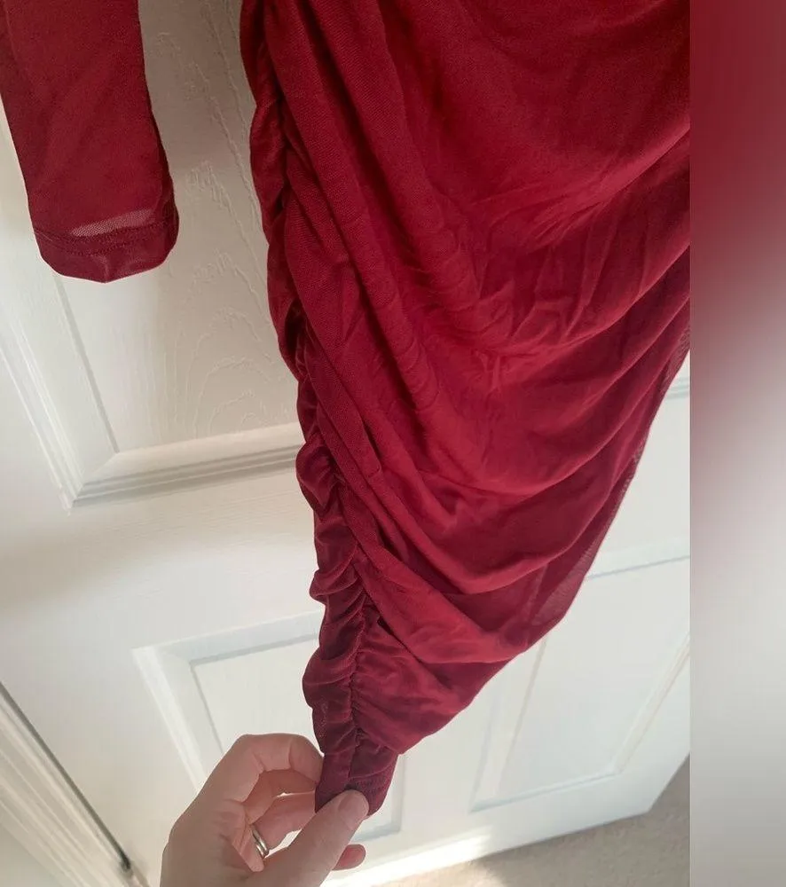 Burgundy Mesh Sleeve Bodycon Dress Size L - Image 2
