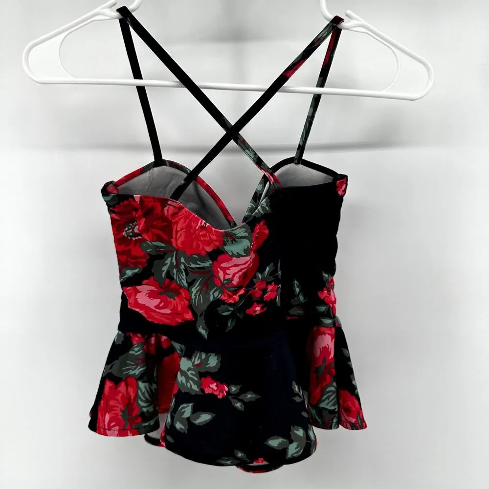 Albion Antigua Peplum Tankini Swim Top Padded Cross Strap Floral Black Red XXS - Image 5
