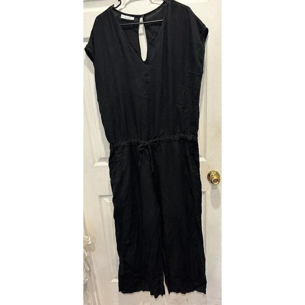 Bryn‎ Walker 100% LINEN JUMPSUIT Size Large Cinched Waist Short Sleeve Black - Image 2