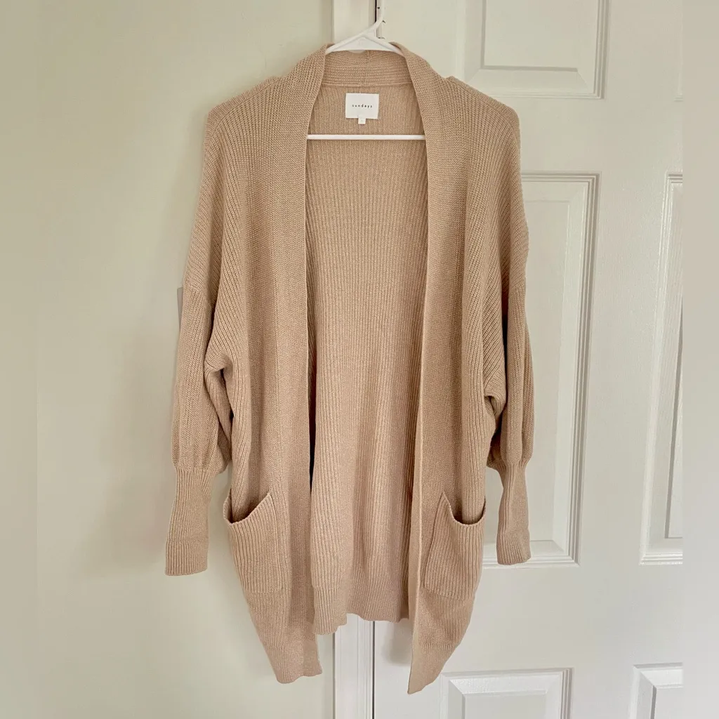Sundays Cardigan Women’s Solid Beige Cotton Open Front Sweater Top Size 1 Small - Image 2