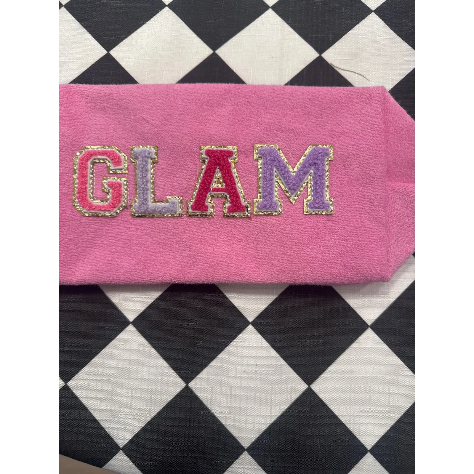 Mud Pie Pink Terry Cloth Cosmetic Bag Pouch GLAM Embroidered Makeup Organizer - Image 2