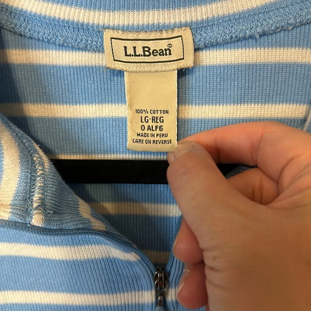 LL BEAN Womens Blue White Stripe 1/4 Zip Mock Neck Long Sleeve Shirt Sz. Large - Image 2