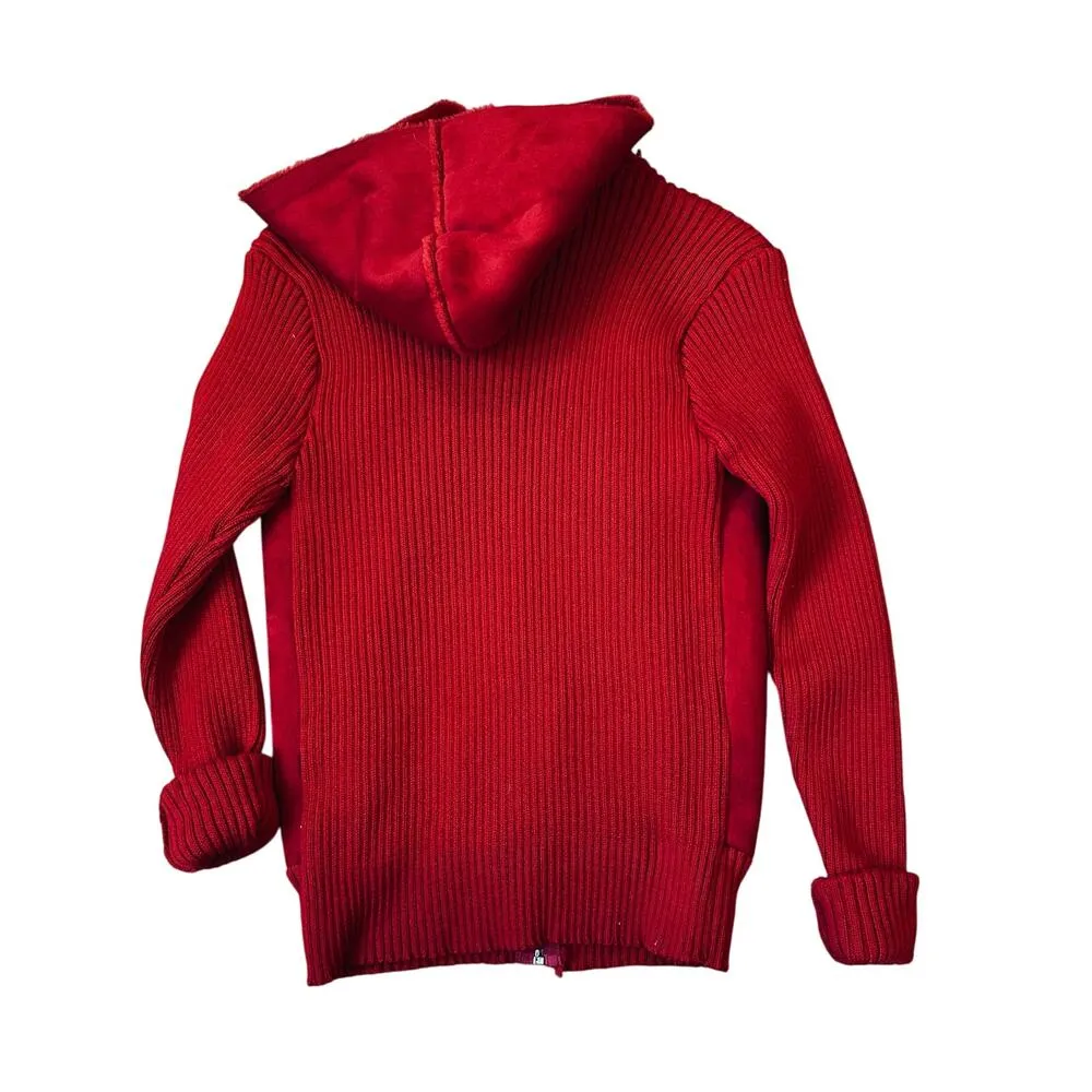 Y2K Cherry Red Faux Suede Leather Jacket Hooded Knit Vintage Faux Fur Size L - Image 2