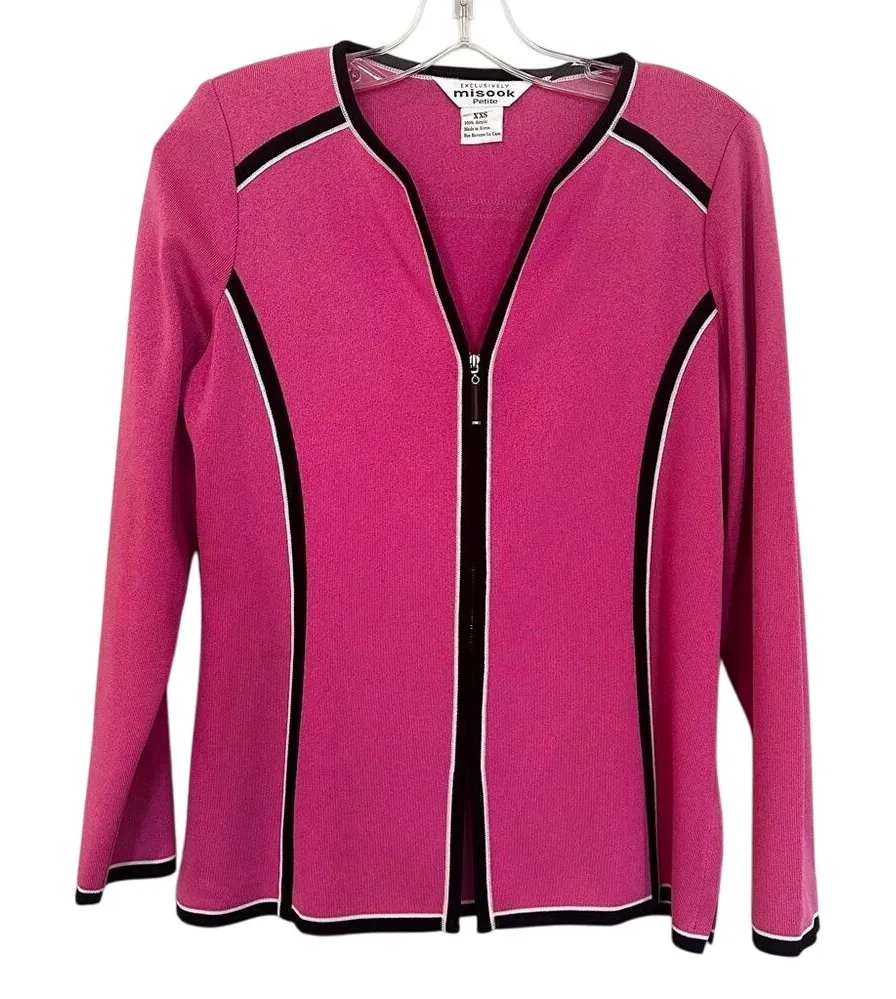 Misook Front Zip Cardigan Sweater Blazer Women's XXS Pink Black Career Luxury - Image 1