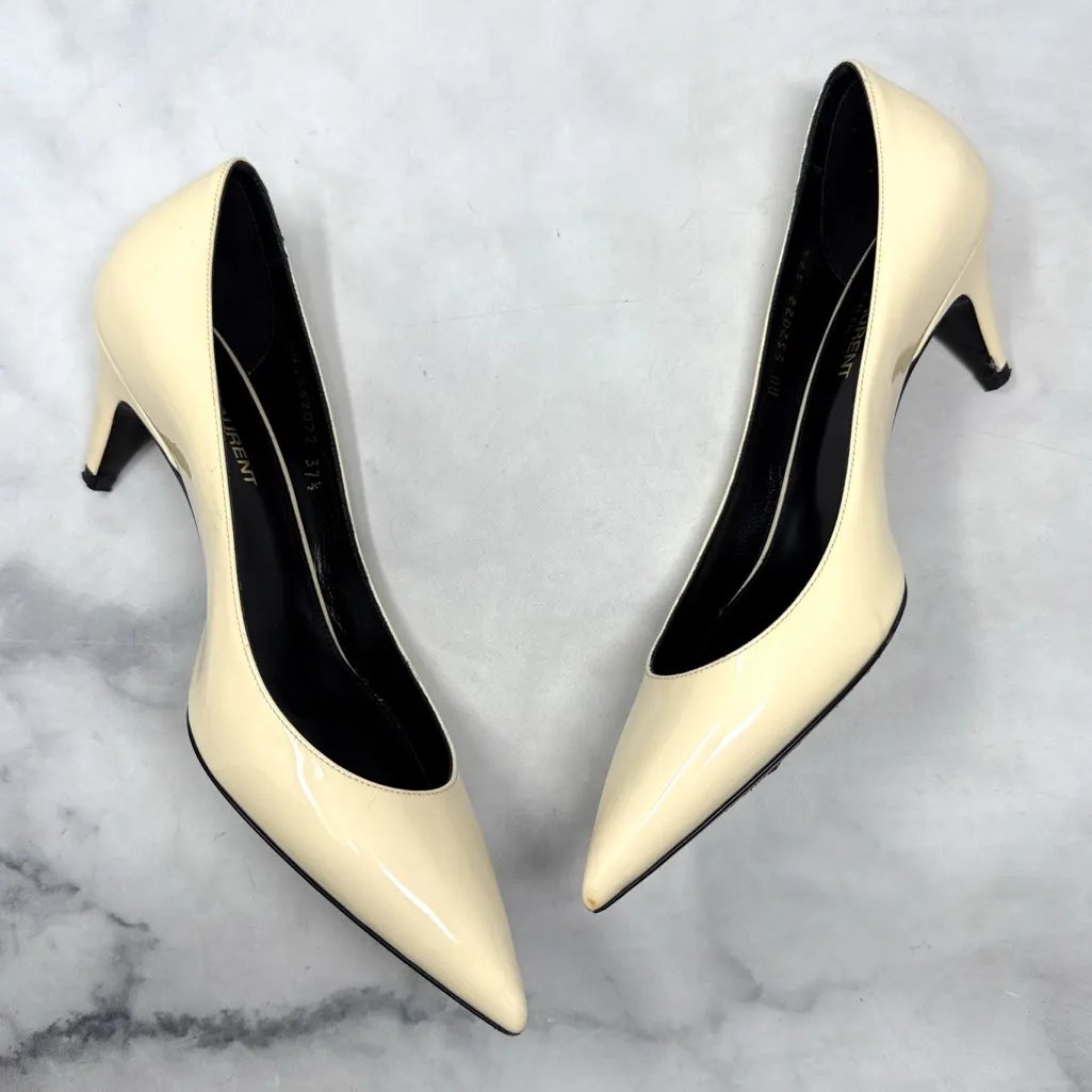 Saint Laurent Charlotte 55 Patent Leather Pointed Toe Kitten Heel Pumps Ivory - Image 4