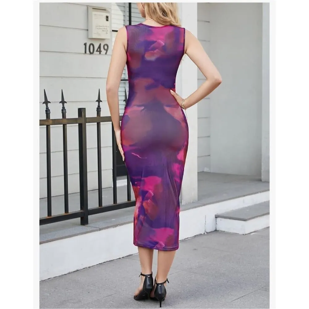 NEW Bodycon Sleeveless Crew Neck Mesh Cocktail Maxi Dress XL - Image 2