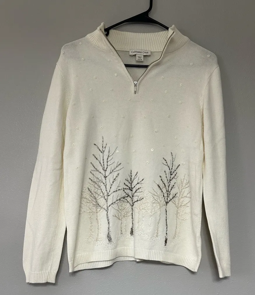 Coldwater Creek Vintage Beautiful Creamy White Beaded Tree Sweater - Image 1