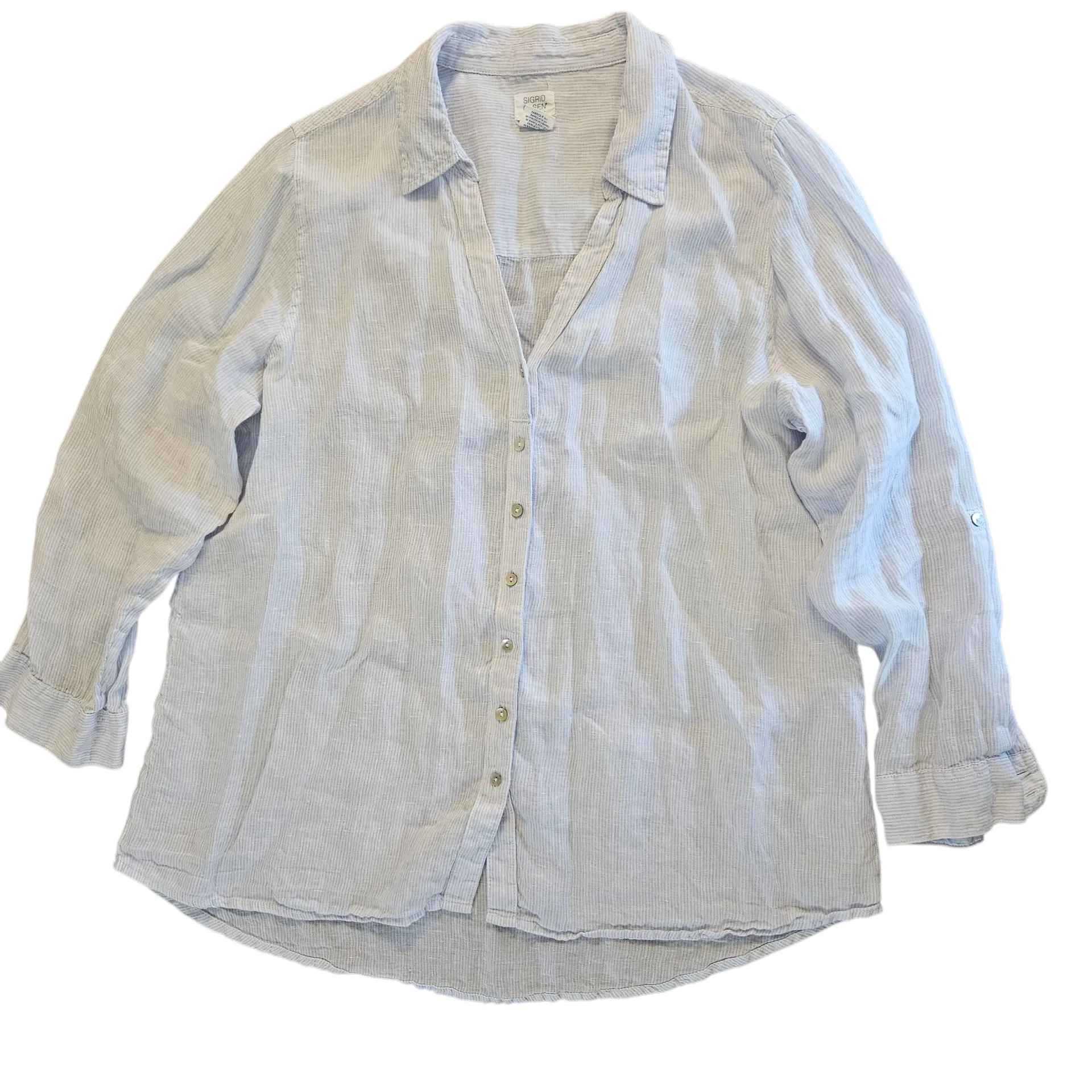 Sigrid Olsen Womens Stripe 100% Linen Button Up Roll Tab Sleeve Shirt Sz 1X - Image 4