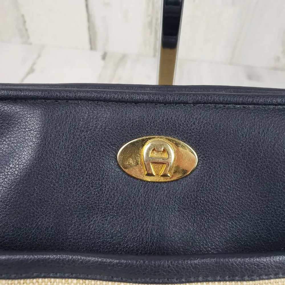 Etienne Aigner Beige Canvas Navy Blue Faux Leather Shoulder Purse Women's Bag - Image 3