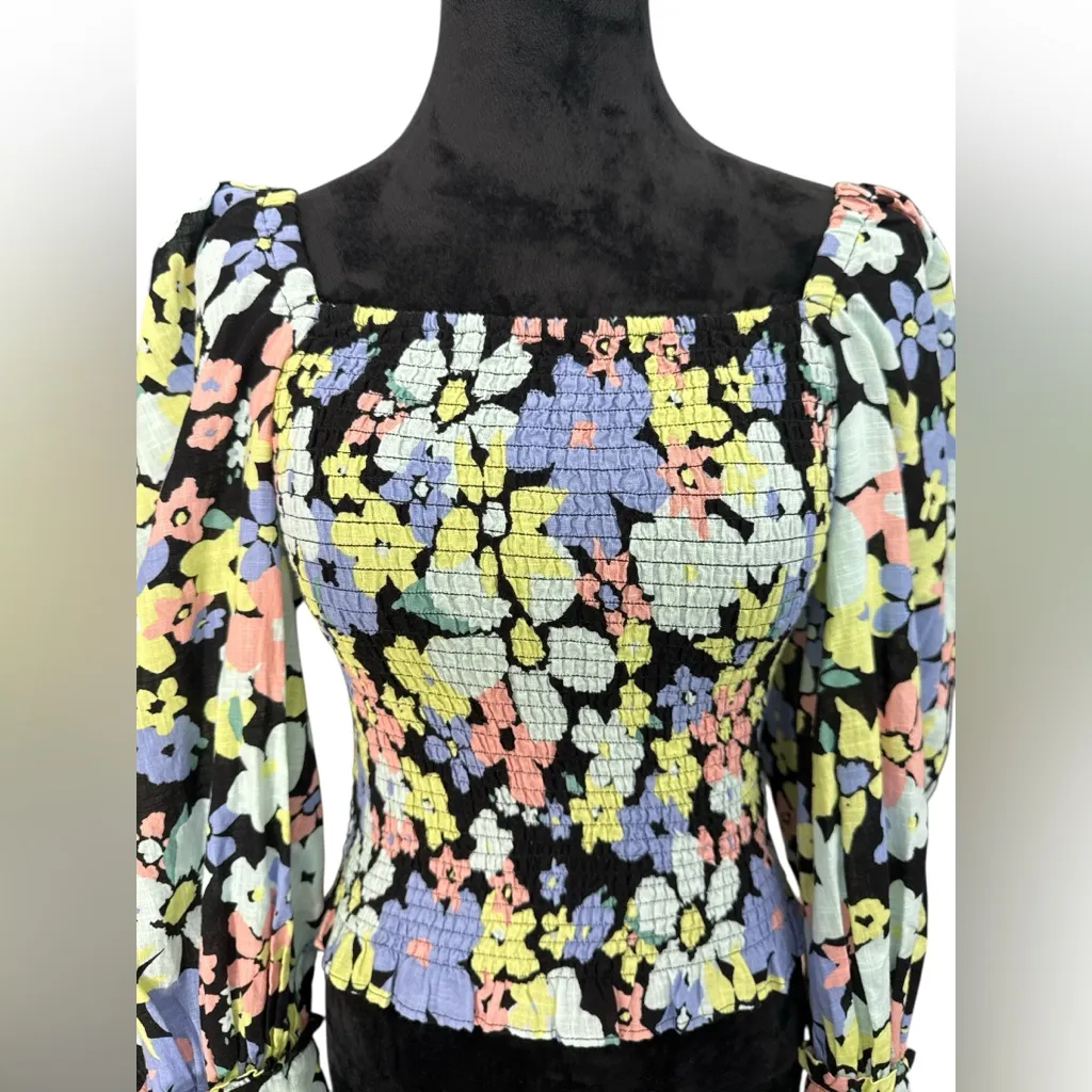 Free People Smocked Floral Puff Sleeve Top XS – Square Neck Black Multicolor - Image 3