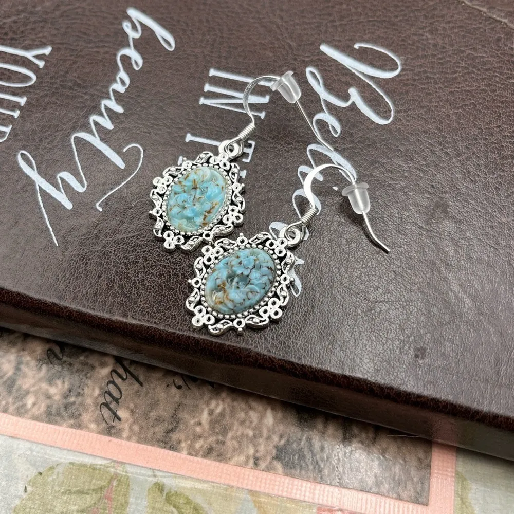 Vintage Carved Spotted Turquoise Resin Oval Cabochons Steel Dangle Earrings Blue - Image 4